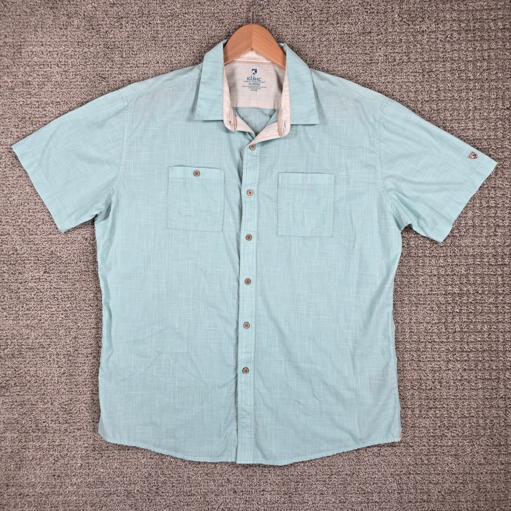 KUHL Mens XL Karib Short Sleeve Button Down Shirt Teal Textured Outdoor Hiking